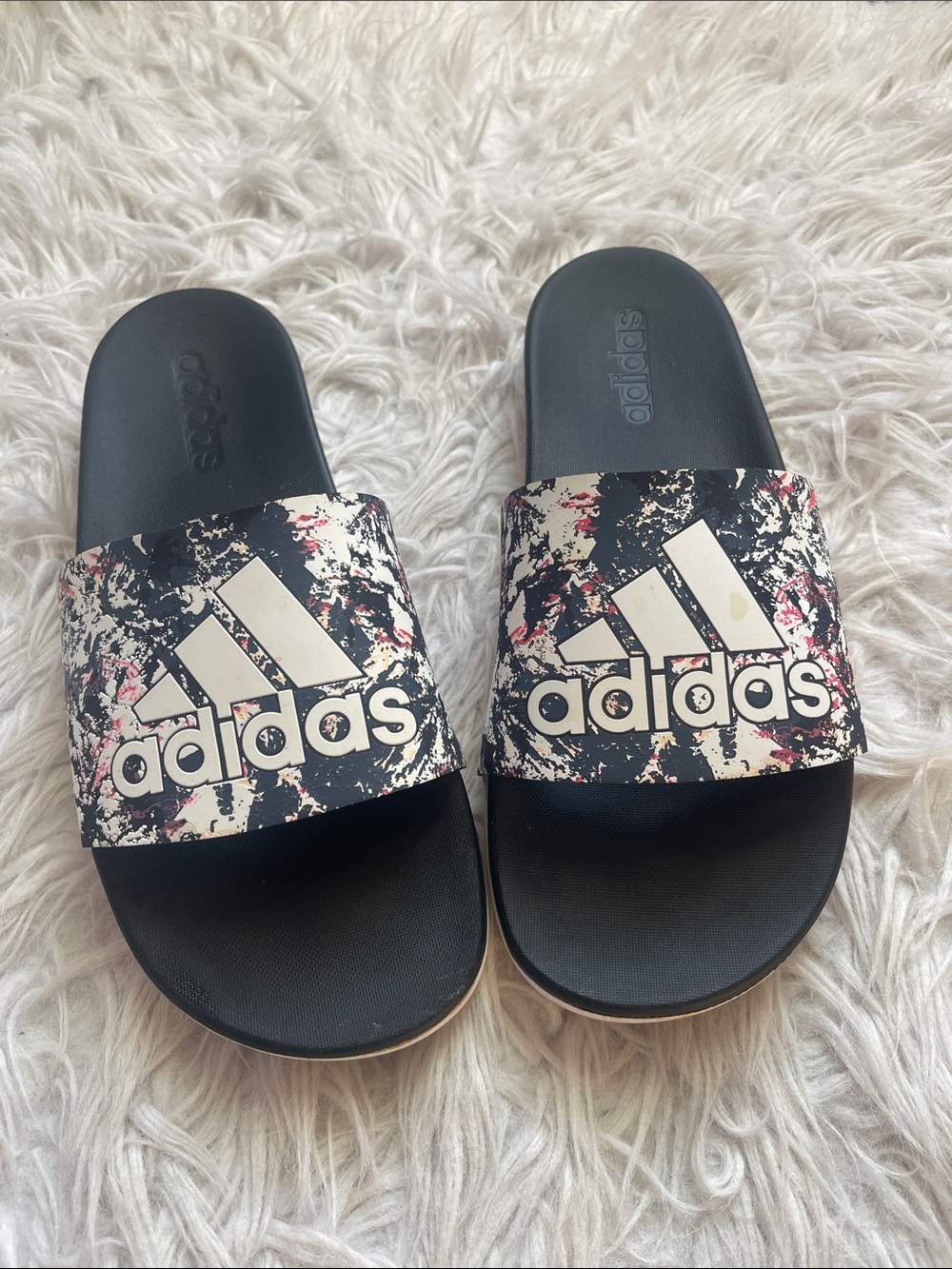 adidas Black Slide Sandals with Cream and Pink Splatter Strap